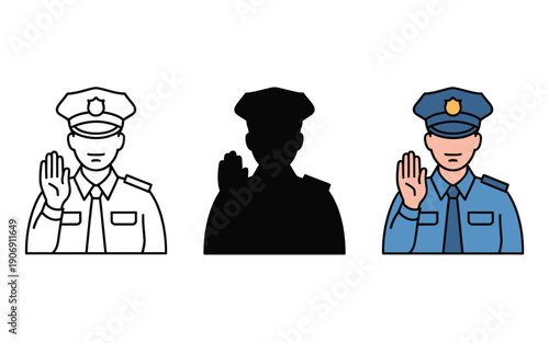 Police officer icon set showing a figure with hand raised in a stop gesture.