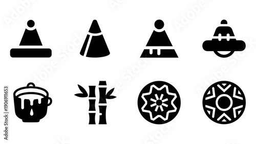 Black silhouette icons of conical hats, cooking pot, bamboo, and abstract patterns