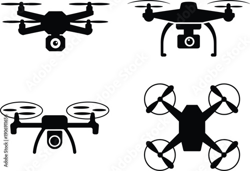 Four Black Drone Icons With Cameras On White Background Keywords: drone, quadcopter, aerial vehicle, UAV, remote control