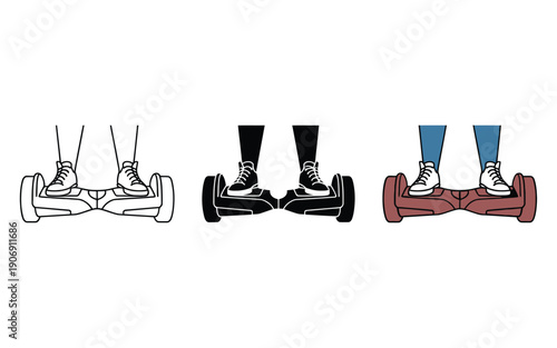 Three different styles of a person riding a hoverboard are shown