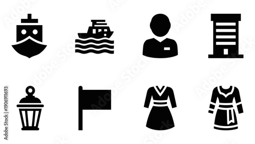 Minimalist icons of transportation, fashion, and furniture in black silhouette style
