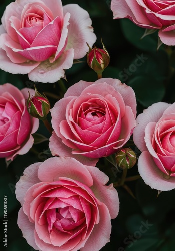A beautiful floral montage featuring various stages and colors of garden roses, creating an elegant and romantic background texture ,multiple ,red ,organic