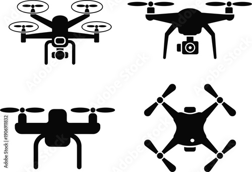 Four black silhouette icons of drones with cameras and propellers on white background Keywords: drone, quadcopter, UAV, aerial