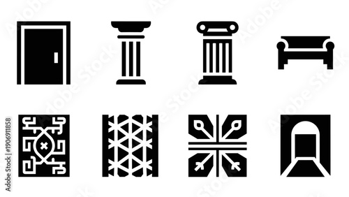 Ancient architecture icons: timeless doorways and classic pillars in black silhouette