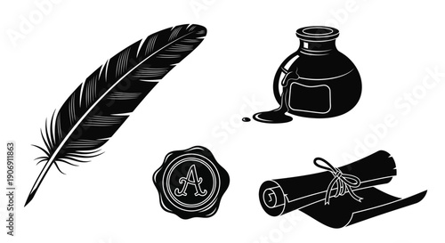 A quill pen, inkwell, wax seal, and scroll are presented in a flat illustration.