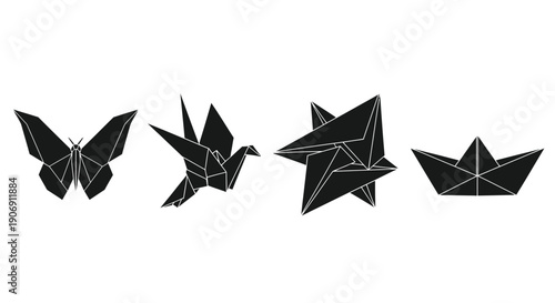 A collection of origami figures including a butterfly, crane, star, and boat on a white background.