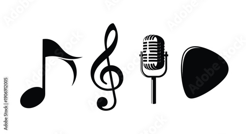 Musical notation, a treble clef, a microphone, and a play button.