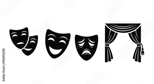 Two theatrical masks depicting joy and sorrow next to a draped curtain.