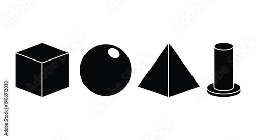 A cube, sphere, pyramid, and cylinder are displayed against a white background.