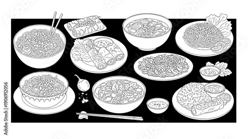 Line art asian cuisine: noodles, dumplings and spring rolls