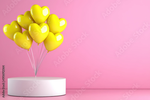 Yellow heart balloon pink background white podium love decoration romantic concept party celebration valentines day anniversary gift 3d render minimal design Yellow heart balloon decor white