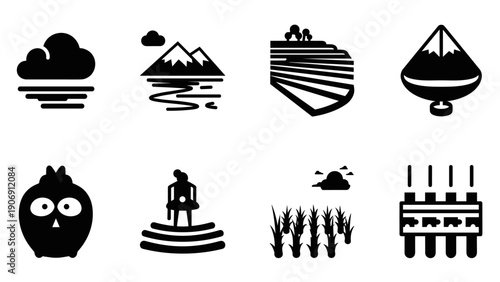 Minimal nature icons: mountains, clouds, and agriculture in black silhouette