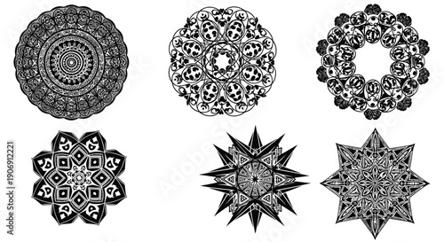 A collection of six intricate, black and white geometric mandala designs.