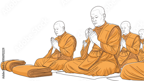 Monks in prayer: linear art of peaceful meditation scene with orange robes