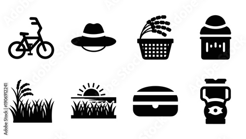Collection of agriculture and daily essentials icons in black silhouette style