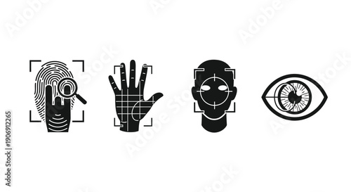 Icons of biometric identification methods including fingerprint, palm, face and eye scanning.