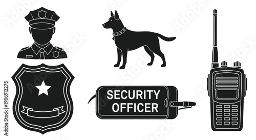 Security officer, police badge, guard dog, and radio are shown