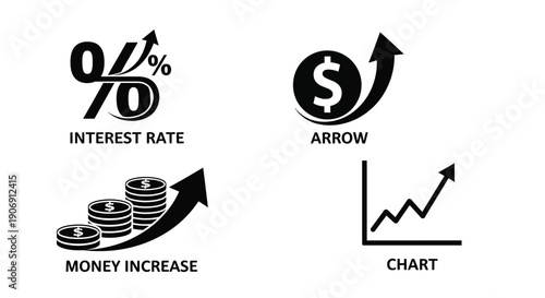 Icons depicting financial growth and interest rates with arrows and charts.