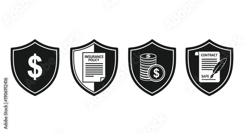 Four stylized shields represent financial security, insurance, savings, and contracts.