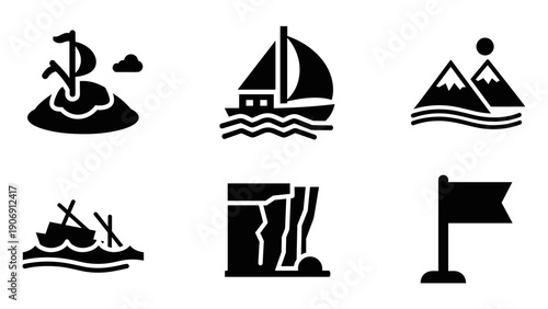 Minimalist nautical and adventure icons: mountain, sailboat, flag, and more