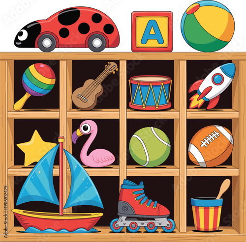 Wooden toy shelf with colorful kids playthings, balls and musical instruments, nursery storage concept, preschool learning, organized playroom, isolated vector illustration
