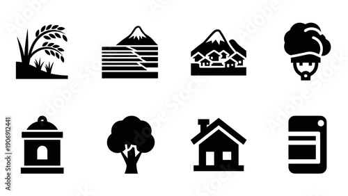Black silhouette icons of nature, architecture, and gastronomy elements