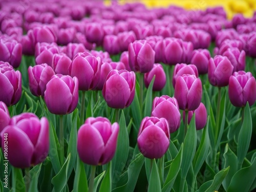 Vibrant purple tulips growing in a field with green leaves