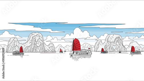 Traditional boats sailing on scenic landscape with red sails and limestone mountains