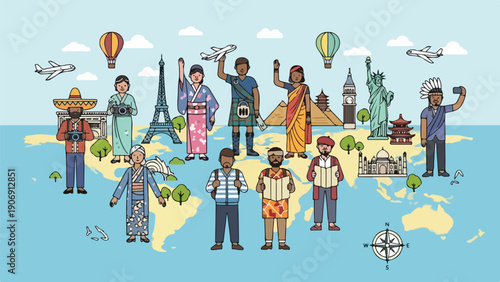 Group of diverse travelers on a world map with landmarks and planes
