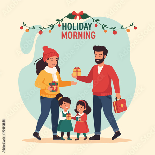 Illustration of a family exchanging gifts in a festive, holiday morning scene