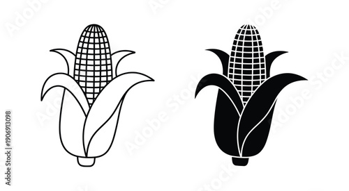 Single Vector Icon of a Corn Cob with Husk, Featuring Clean Line Art and Silhouette, Minimal Flat Vector Style for Agriculture, Food, and Organic Design.