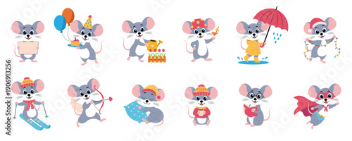 Cute animals mouse chracters. Mouse in different situations: Christmas, winter, spring, summer, autumn, birthday, reading, drinking tea, Valentine's Day.