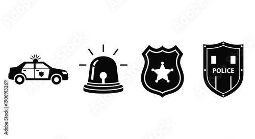 A police car, siren, and two badges are displayed on a white background.