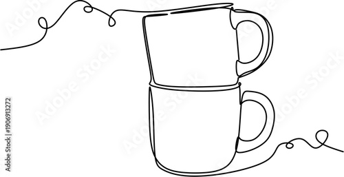 Two stacked coffee mugs continuous one line drawing.
