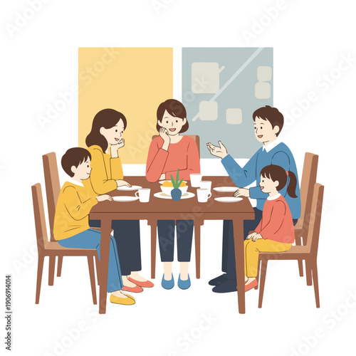 Illustration of a family of five at a dining table, sharing a meal together