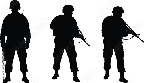 Silhouette, soldiers, military, army, combat, armed, infantry, rifles, tactical, patrol, defense, security, warfare, forces, standing, ready, isolated, white, background, illustration