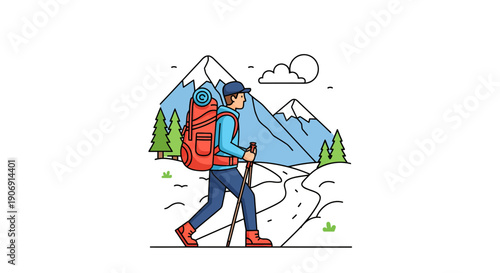 Adventurous hiker exploring mountain trails with backpack and trekking poles.