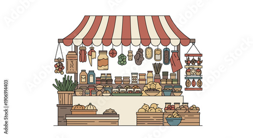 A vibrant illustration of a bustling outdoor market stall filled with various goods and products.