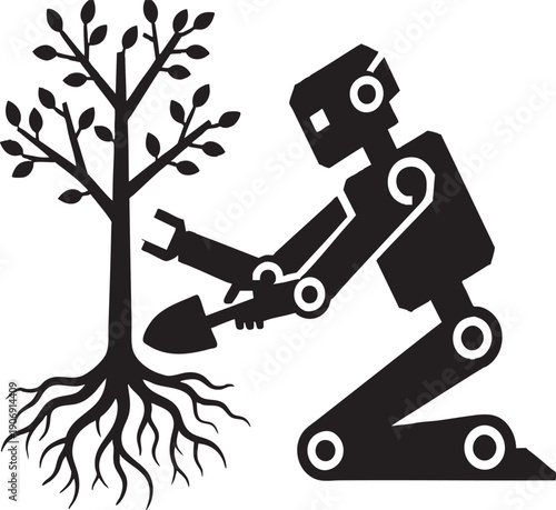 AI Robot Silhouette Planting a Tree for Environmental Sustainability and Green Tech