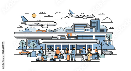 Airport scene with airplanes people and buildings travel concept illustration.
