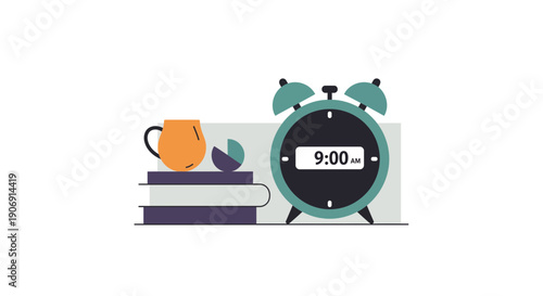 Alarm clock and coffee cup on books time to wake up and start the day.