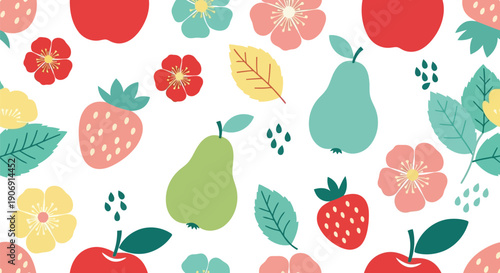 Fruit and Flower Seamless Pattern Vector Clipart with Pears, Apples, Strawberries, Leaves