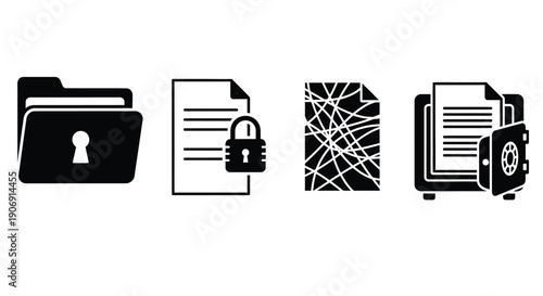 Digital security icons represent a locked folder, a document with a padlock, a scrambled document, and a safe with a document.