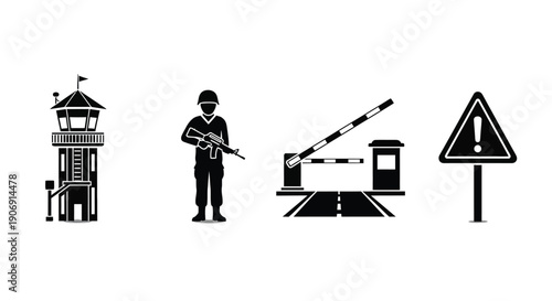 Security checkpoint icons including a guard tower, soldier, barrier, and warning sign.