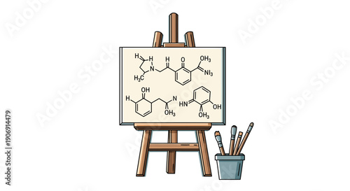 Artistic representation of chemical structures displayed on an easel with drawing tools.