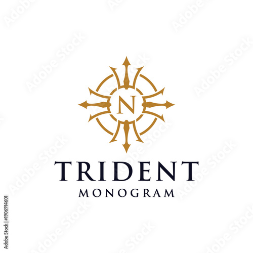 Initial Letter N Circular Trident Neptune God Poseidon King Logo Design Vector Template