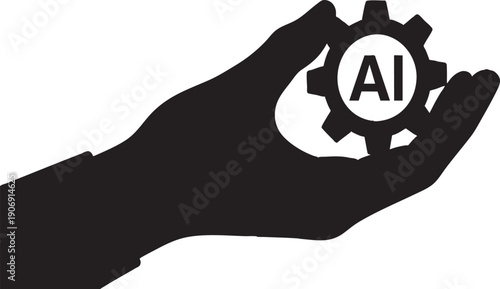 AI Technology Concept: Black Silhouette Hand Holding Gear Symbol with AI Letters