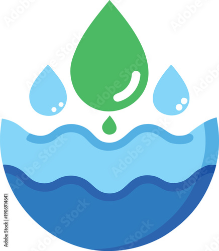 Water Drops Falling into Wavy Blue Water Surface Keywords: water, drops, liquid, blue, green, wavy, surface, falling, rain, conservation, purity