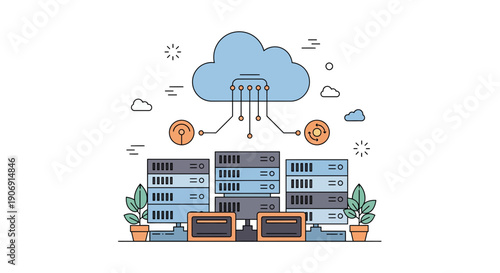 Cloud computing infrastructure with servers and data storage for digital information.