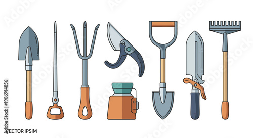 Collection of gardening tools arranged in a row for outdoor work and landscaping.